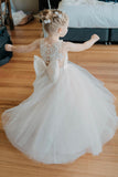 White Tulle Scoop Sleeveless Coverd Button Flower Girl Dress With Bowknot Rjerdress