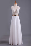 White V Neck Beaded Bodice Party Dresses A Line Chiffon With Sash And Slit Rjerdress