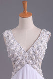 White V-Neck Party Dresses A Line Chiffon With Beading Rjerdress