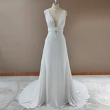 White V neck Cheap Chiffon Long Prom Dress Wedding Dress Rjerdress