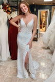 White sequin mermaid long prom dress for teens sequin evening dress RJS393