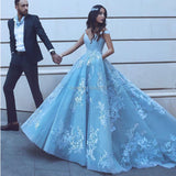 Wonderful Off-the-shoulder Ball Gown Formal Blue Lace Appliques Long Quinceanera Dresses RJS1119 Rjerdress