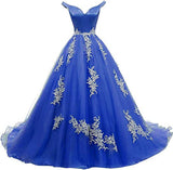 Wonderful Off-the-shoulder Ball Gown Formal Blue Lace Appliques Long Quinceanera Dresses RJS1119 Rjerdress
