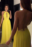 Yellow Elegant Long Beaded Chiffon Pageant Backless Dresses Rjerdress