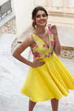 Yellow Floral Satin Illusion Back Daffodil V Neck Homecoming Dresses Short Cocktail Dresses H1338 Rjerdress