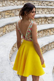 Yellow Floral Satin Illusion Back Daffodil V Neck Homecoming Dresses Short Cocktail Dresses H1338 Rjerdress