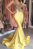 Yellow Satin Gold Lace Applique V-neck See-Through Slim-Line Long Prom Dress Mermaid Evening Dresses Rjerdress