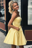 Yellow Satin Strapless Short CocktailDresses with Pockets Simple Homecoming Dresses