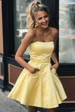 Yellow Satin Strapless Short CocktailDresses with Pockets Simple Homecoming Dresses Rjerdress