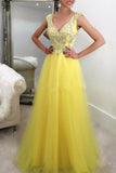 Yellow tulle sequins beading v-neck graduation dress prom dress Rjerdress