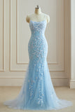 Elegant Spaghetti Straps Sky Blue Mermaid Backless Pageant Prom Dresses