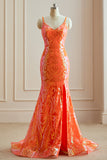 Excellent Orange Mermaid Spaghetti Straps Sequins Split Prom Dress