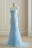 Elegant Spaghetti Straps Sky Blue Mermaid Backless Pageant Prom Dresses