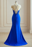 Spandex Mermaid Spaghetti Straps Open Back Prom Evening Dresses With Slit