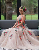 Beautiful V-Neck Long A-Line Prom Dresses With Appliques