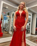 Lace Appliques Mermaid Prom Dresses With Beads And Slit Sweep Train