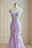 Charming Mermaid Spaghetti Straps Lace Prom Dresses With Appliques Long Evening Gown