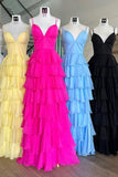 A Line V Neck Spaghetti Straps Chiffon Tiered Long Prom Dress Formal Dresses P1125