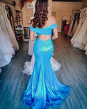 Mermaid Elegant Sequin Off Shoulder Satin Corset Open Back Prom Dresses RJS194