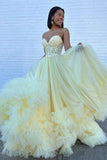 Princess Yellow Prom Dresses Ball Gown Simple Strapless Long Party Dresses