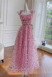 A Line Straps Sleeveless Tulle Prom Dress With Flowers, Gorgeous Evening Dress With Appliques