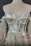 Long Sleeves Tulle Prom Dresses A Line With Applique And Pearls