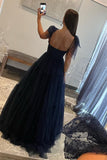 A Line Straps Prom Dress Open Back Tulle Evening Dresses