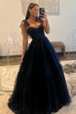 A Line Straps Prom Dress Open Back Tulle Evening Dresses