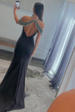 Sexy Open Back Halter Beaded Ruched Bodice Evening Dresses Spandex Mermaid Prom Dresses