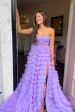 A Line Strapless Keyhole Tulle Print Ruffle Tiered Prom Dress
