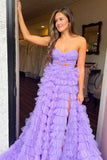 A Line Strapless Keyhole Tulle Print Ruffle Tiered Prom Dress