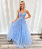 A Line V Neck Prom Dresses Tulle With Applique And Beads Sweep Train
