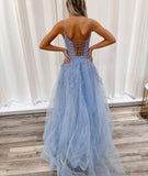A Line V Neck Prom Dresses Tulle With Applique And Beads Sweep Train