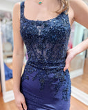 New Arrival Straps Prom Evening Dresses Mermaid Satin With Beads & Appliques