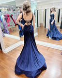 New Arrival Straps Prom Evening Dresses Mermaid Satin With Beads & Appliques