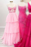 A-Line/Princess Spaghetti Straps Sleeveless Sweep/Brush Train Beading Tulle Tiered Prom Dresses