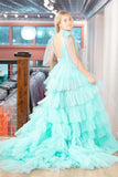 A-Line Tiered Tulle V-Neck Slit Floor Length Slit With Ruffled Prom Dress