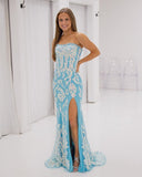 Charming Strapless Sequin Appliques Floor Length Long Prom Dresses Front Split