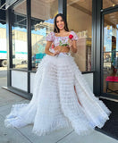 Cute Two Pieces Square Puff Sleeve Flowy Ruffle Tiered Long Prom Dresses