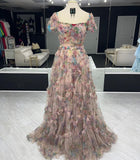 A Line Square Floral Print Floor-Length Chic Prom Dress Evening Dress