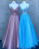 Sky Blue Spaghetti Straps Prom Dresses Lace Appliques Backless Evening Dress RJS608
