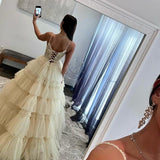 Ball Gown Spaghetti Straps Tulle Tiered Prom Dress With Applique