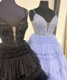 Ball Gown Spaghetti Straps Tulle Tiered Prom Dress With Applique