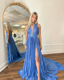 Blue Chiffon Beading Rhinestone Halter Long Prom Evening Backless Dress