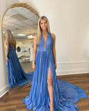 Blue Chiffon Beading Rhinestone Halter Long Prom Evening Backless Dress