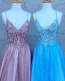 Sky Blue Spaghetti Straps Prom Dresses Lace Appliques Backless Evening Dress RJS608