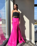 Mermaid Two Pieces Strapless Long Satin Slit Prom Evening Dresses