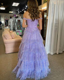 A Line Off The Shoulder Tulle Tiered Ruffle Prom Dresses