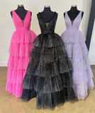 Rjerdress Ball Gown V Neck Tulle Tiered Prom Dresses With Slit