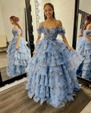 Ball Gown Off The Shoulder Tulle Floral Tiered Ruffled Prom Dresses